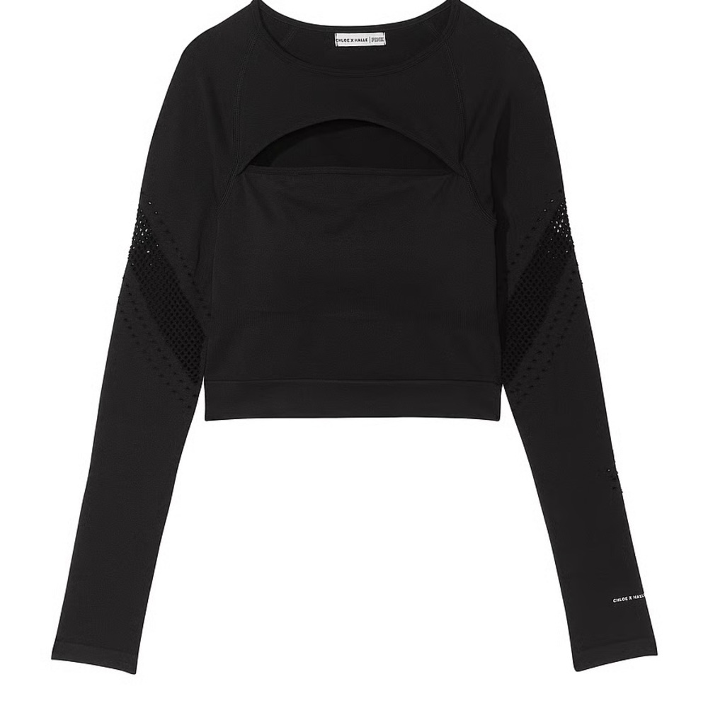 Chlöe x Halle Seamless Mesh Long-Sleeve Crop Top In Black